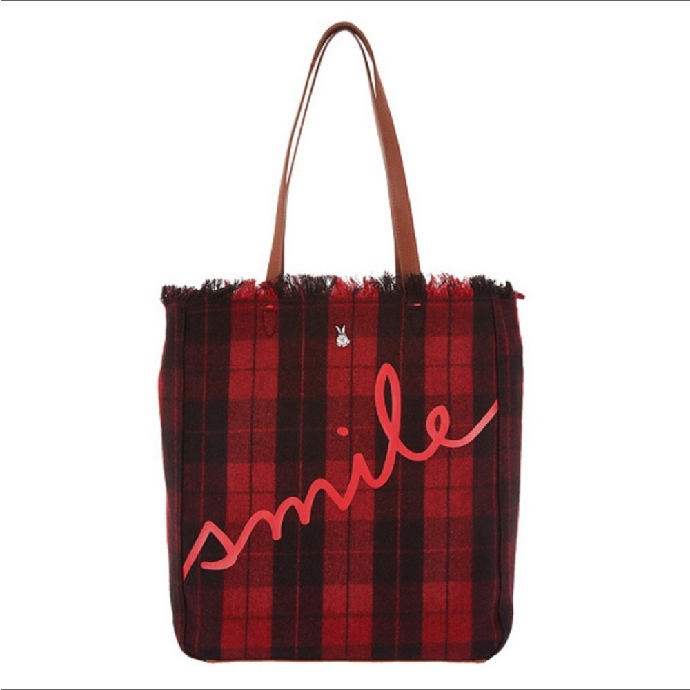 ED Ellen Degeneres Red Tartan Tote Smile NWT